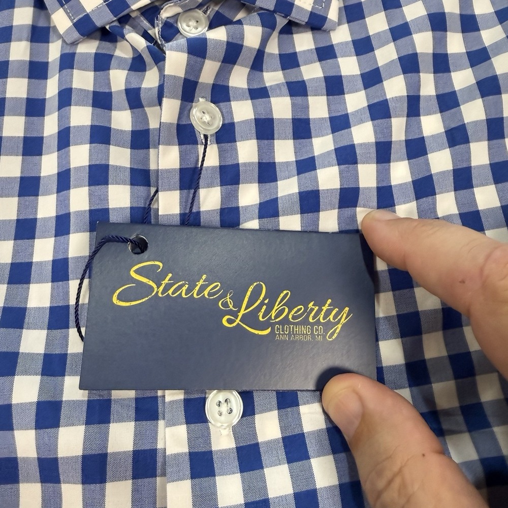 NWT State & Liberty Shirt Mens Large Blue White Gingham Check Long Sleeve - Picture 5 of 8